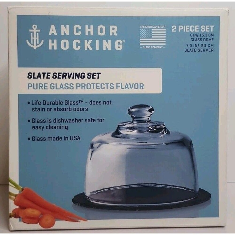 Anchor Hocking Slate Serving Set 2 Piece 6” Glass Dome &7 7/8 Slate Server NIB